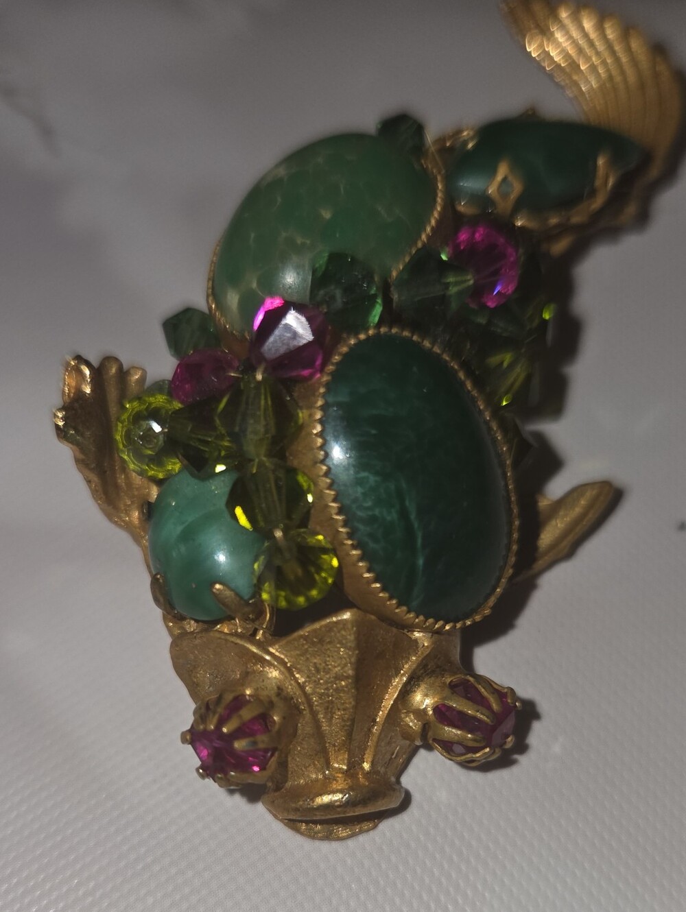 Rare Vintage Hattie Carnegie Koi Fish Brooch Lg Green Stones Purple Rhinestones